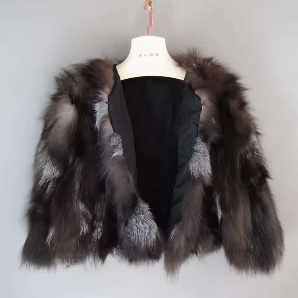 Elegant Gray & Brown Colored 
Real Fox Fur Jacket - Picture 3 of 8